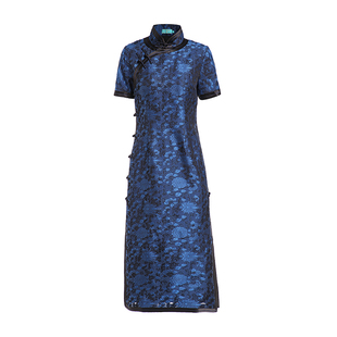 三重门{蓝调}正宗旗袍传统真丝长款高档花罗老上海中长款女桑蚕丝