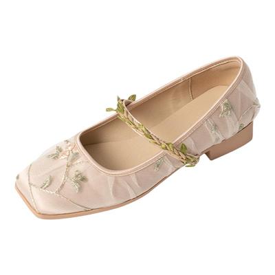 原创藤蔓刺绣网纱低跟单鞋芭蕾鞋