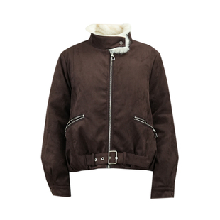 鹿绒面皮衣外套女2025冬季新品加绒保暖腰带毛领装饰时尚流行夹克