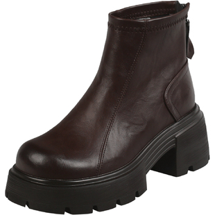 福禄桐厚底增高马丁靴女2025新款秋冬切尔西短靴复古粗跟瘦瘦靴