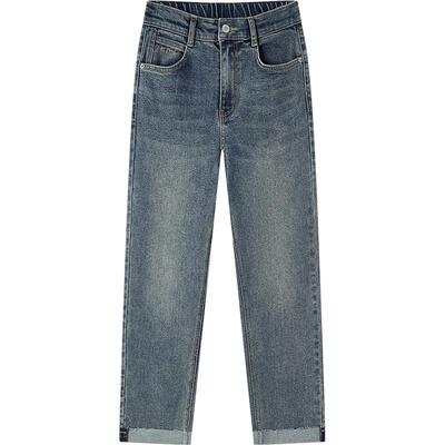 森马潮流翻边毛边直筒牛仔裤女