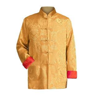 中国风男女士情侣唐装上衣青年改良秋冬季男长袖茶楼外套双面金黄