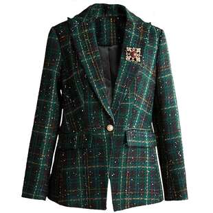 小香风格纹粗花呢西装外套女修身显瘦气质短外套百搭黑色女上衣