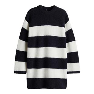 HM女装连衣裙2026年春季新款法式针织条纹圆领长袖中长裙1270558