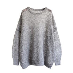 马海毛毛衣女灰色韩版中长款宽松外穿慵懒风透视镂空薄针织衫秋冬