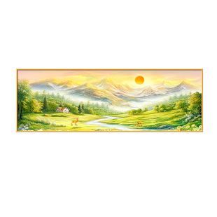 日出东方山水画客厅挂画现代简约聚财福禄装饰画高级感沙发后壁画