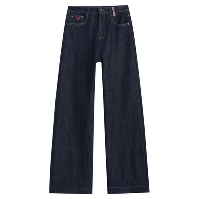 高档加绒加厚丹宁蓝微喇美式宽松阔腿牛仔裤女大码秋冬窄版直筒拖