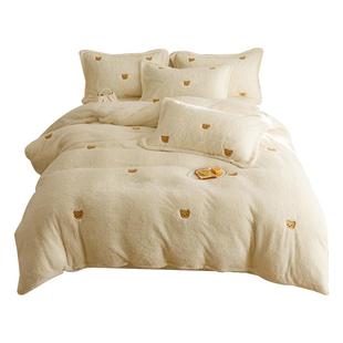 泰迪绒床上用品四件套牛奶绒2025新款冬季卡通刺绣珊瑚绒床单被套