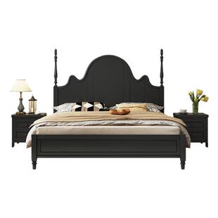 法式复古实木床黑色1.5m双人床现代简约中古风轻奢美式床婚床家具