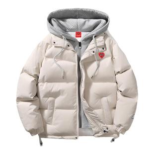 查尔斯桃心2025冬季假两件连帽羽绒服男短款休闲宽松加厚御寒外套