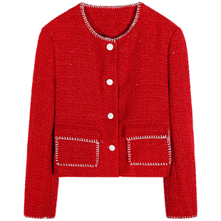 今屿花花 红色短款毛呢外套女2025年新款加厚夹棉小香风呢子外套