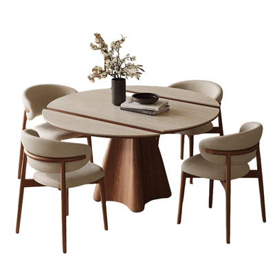 洞石岩板实木伸缩餐桌圆形中古风家用小户型可变圆桌侘寂折叠饭桌