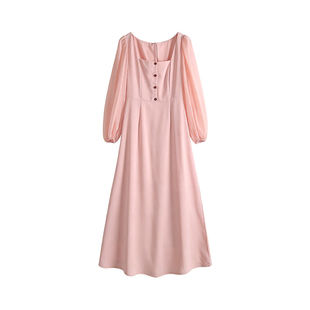 粉色方领雪纺长袖连衣裙女2026年春季新款法式巨好看的裙子