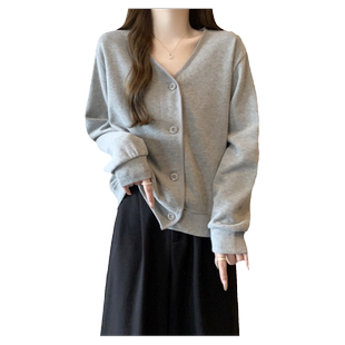 V领卫衣女春秋薄款宽松韩版单排扣开衫上衣小个子短款外套ins潮牌
