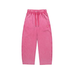 GUUKA潮玫红色复古做旧弯刀裤女重磅纯棉 多巴胺爱心刺绣卫裤宽松