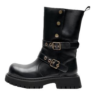 多嘴驴Donkey厚底中筒靴女冬季粗跟长靴黑色翻领机车皮带扣骑士靴