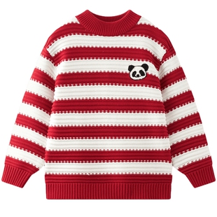 MQD童装男童红色毛衣儿童针织衫冬装新款条纹保暖新年毛衣