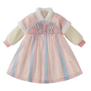 儿童汉服女童拜年服裙子秋冬加绒连衣裙小童宝宝唐装女孩保暖冬装