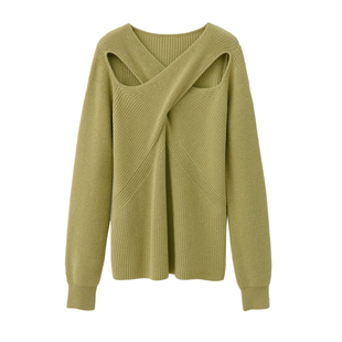 RUISHI芮时 细腻羊毛棉混纺交叉V领镂空毛衣心机设计感上衣女秋冬