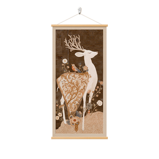 中古风入户玄关装饰画法式复古挂画走廊尽头挂画招财麋鹿卧室壁画