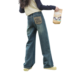 女童牛仔裤秋冬装2025新款儿童加绒大童阔腿裤冬季裤子女孩直筒裤