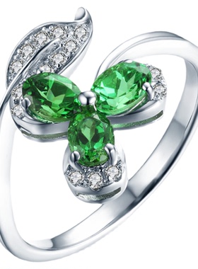 祖母绿三叶草S925纯银轻奢戒指
