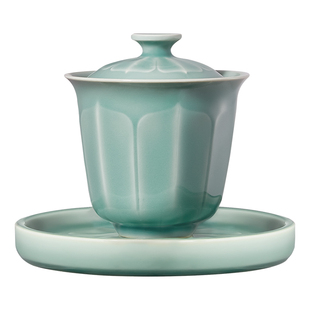 雅集青瓷盖碗茶具套装家用高档茶具轻奢陶瓷茶碗功夫茶具莲瓣盖碗