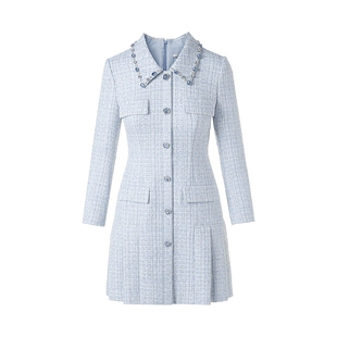 朗姿莱茵福莱尔华丽钻扣矜贵复古气质翻领编织花呢连衣裙26春新款