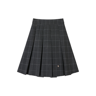 【雾色中的倒影】Uena学院风灰色格纹中长款A字显瘦百褶半身裙女