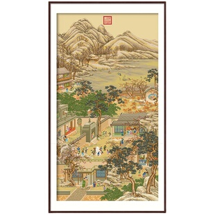春天雍正十二月十字绣竖版风景古娟绣布故宫传世名画客厅书房自绣