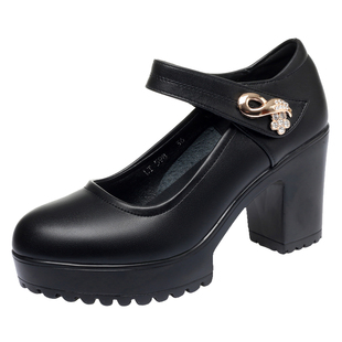 高跟防水台女鞋旗袍黑色模特单鞋粗跟真皮大码职业工作鞋走秀鞋女