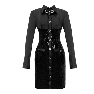 赫本风亮片Polo领长袖衬衫裙短款气质拼接高级感修身包臀连衣裙女