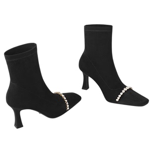 【Lily An x 设计感】马毛方头高跟短靴女秋冬加绒粗跟方头弹力靴