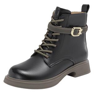 奥康女鞋 冬季新款时尚保百搭暖女士中筒靴子马丁靴皮带扣英伦风