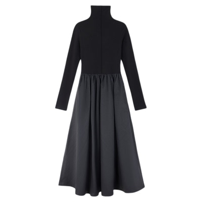 高领拼接设计感黑色长款连衣裙女
