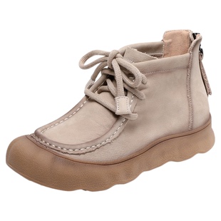 牛皮新款复古高帮平底短靴女款软底2025秋真皮女士丑萌运动旅游鞋