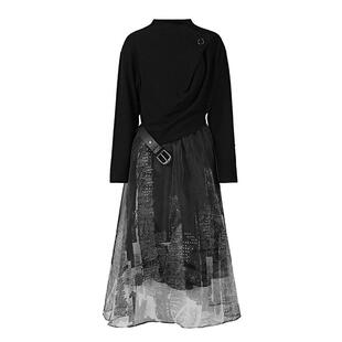 sdeer圣迪奥女装半高领印花网纱针织两件套吊带连衣裙S21481221