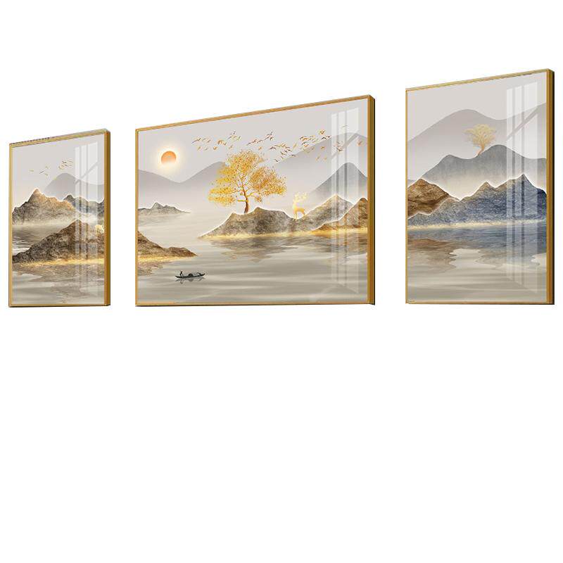 客厅装饰画沙发背景墙画壁画挂画新中式山水晶瓷三联风景高端画