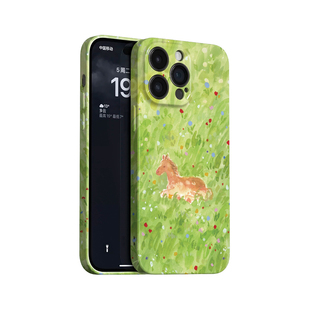 青马~清新水彩草地ins适用苹果17promax手机壳iPhone16华为mate70小米15vivoS19艺术iqooneo12马年oppofindx8