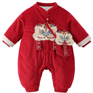 婴儿拜年服满月百天宝宝连体衣冬装加厚保暖棉服喜庆中式周岁礼服