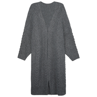 辰米范 灰色麻花中长款毛衣女开衫秋冬新款宽松加厚针织外套大衣