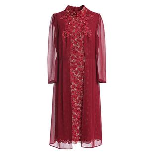 乔万尼秋装商场新款红装礼服中年女士刺绣花朵重工连衣裙中长款