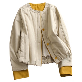 撞色袖口拼接宽松显瘦圆领休闲外套25冬季新款长袖女棉衣棉服N064