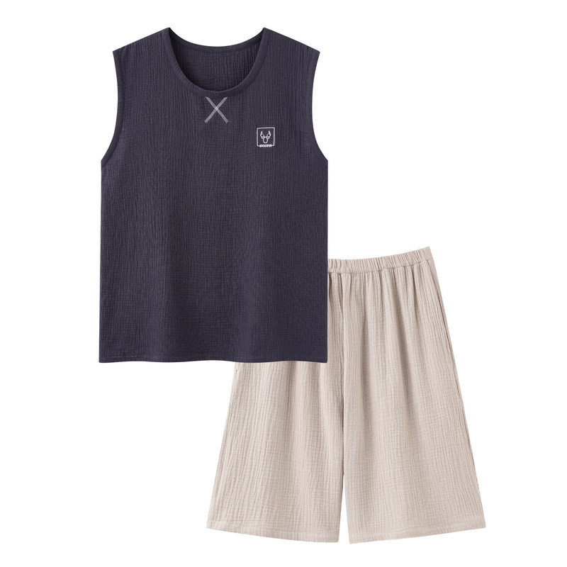 夏季男纯棉双层纱凉感家居服套装
