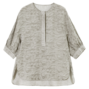 GESGOO高级感灰色圆领衬衫女2026早春清透丝麻小衫文艺复古上衣