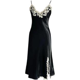 LP新款高级MAISON吊带睡裙女夏季性感蕾丝V领开叉中长款丝绸睡衣