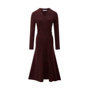 LILY2025冬新款羊毛牦牛绒混纺复古花纱V领收腰深色长袖连衣裙女