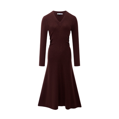 LILY长袖复古花纱深色收腰连衣裙