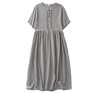 2026棉麻混纺打条纯色连衣裙女夏季新款气质宽松圆领短袖中长裙
