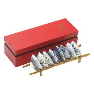 带杯架青花斗笠茶杯陶瓷茶具喝茶小杯子功夫茶碗套装6只中式复古